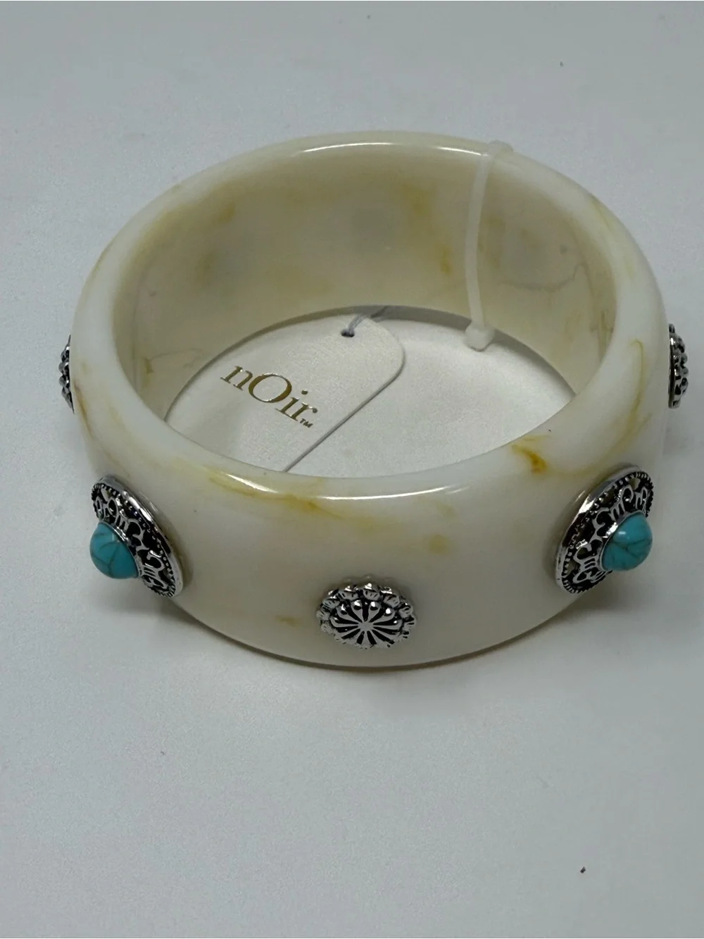 nOir Jewelry White Marble Resin Bangle with Turquoise Accents